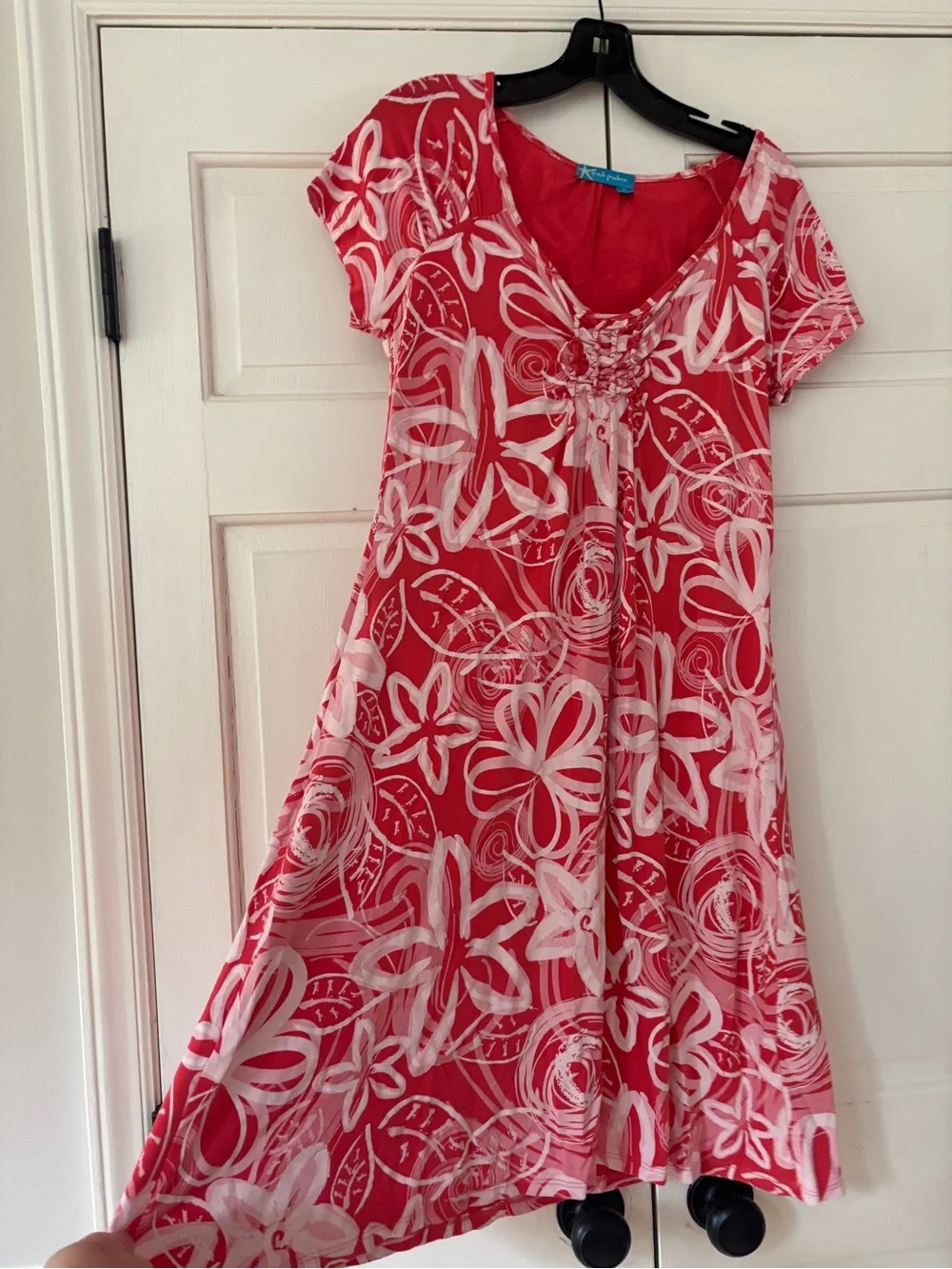 Fresh Produce Red Floral Fit & Flare Short Sleeve Dress Scoop Neck Size Medium